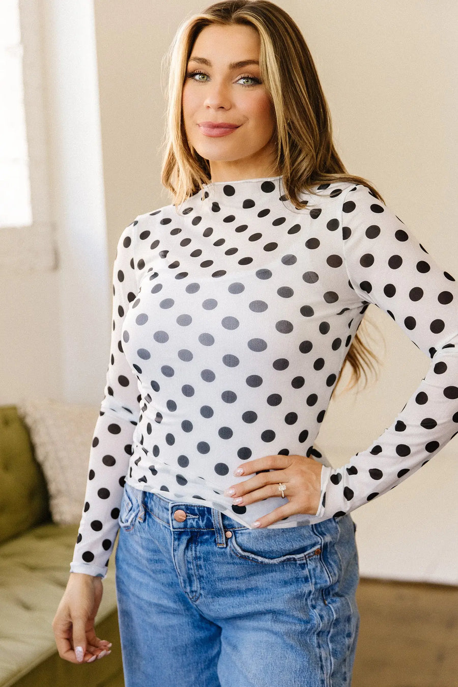Polka Dot Sheer Long Sleeve Round Neck Top Women UK — styled flat lay | Fashionfitz UK