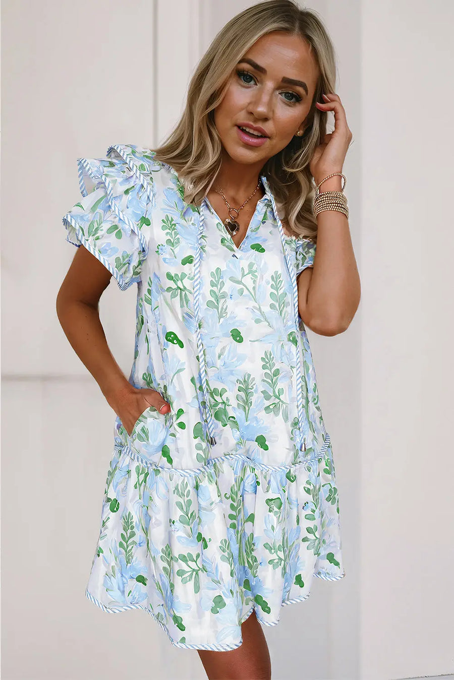 Pink Floral Contrast Edge Layered Short Sleeve Mini Dress Women UK — model shot