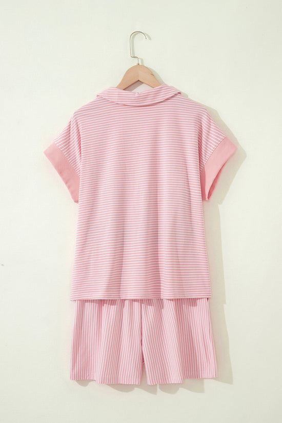 Striped Dolman Sleeve Polo Shirt and Drawstring Shorts Two Piece Set