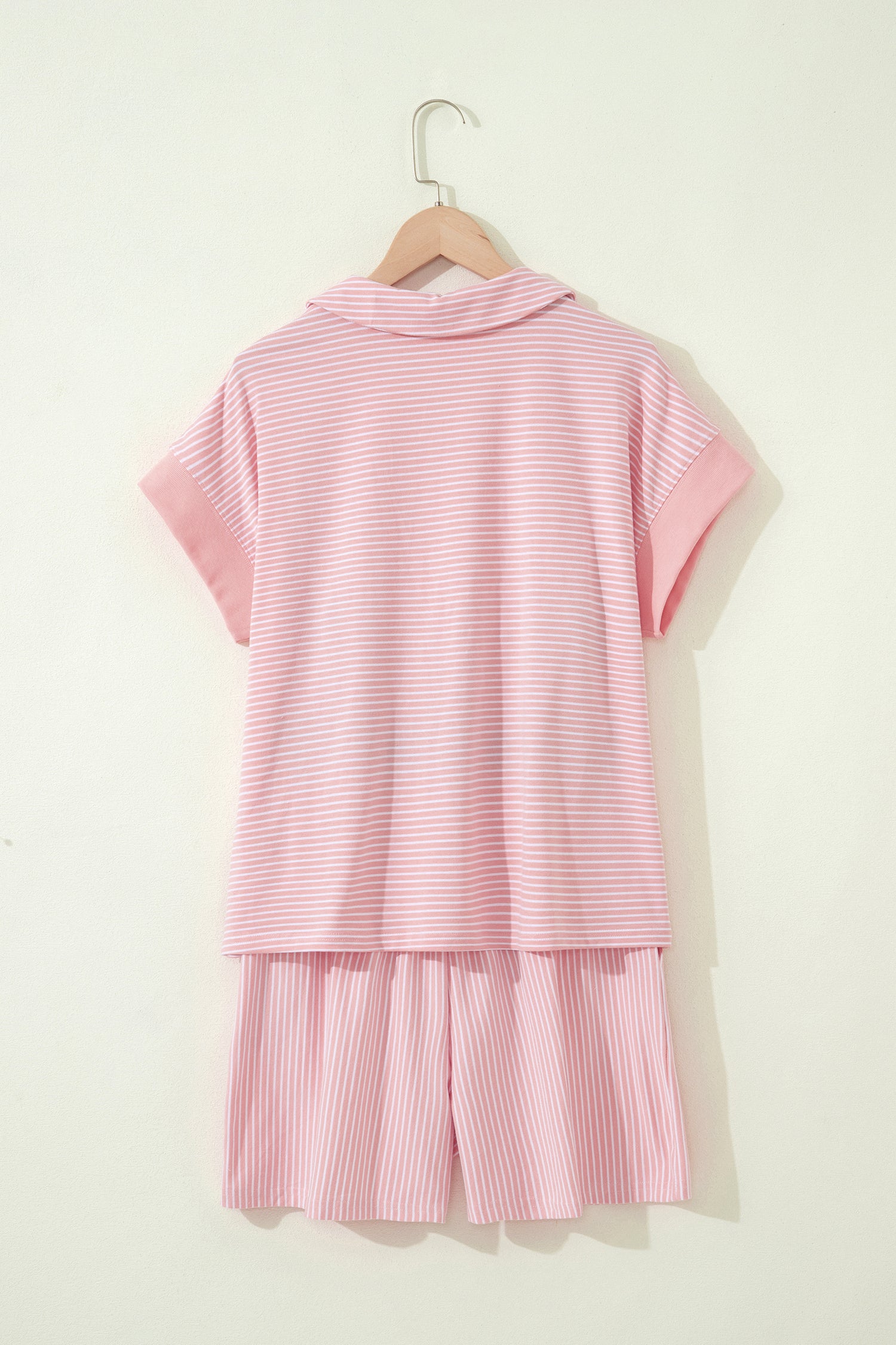 Striped Dolman Sleeve Polo Shirt and Drawstring Shorts Two Piece Set