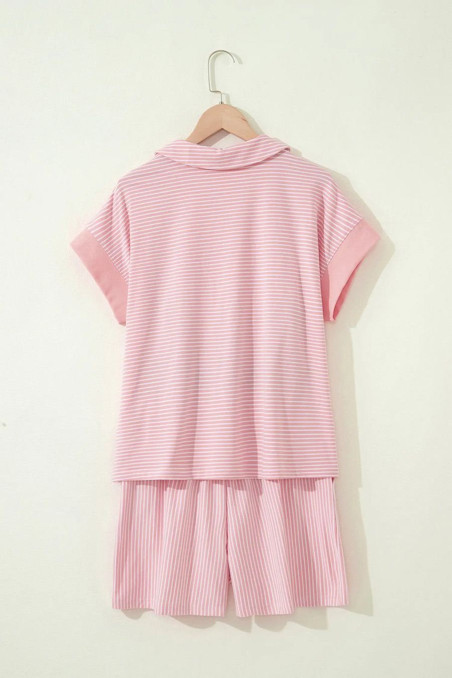Striped Dolman Sleeve Polo Shirt and Drawstring Shorts Two Piece Set