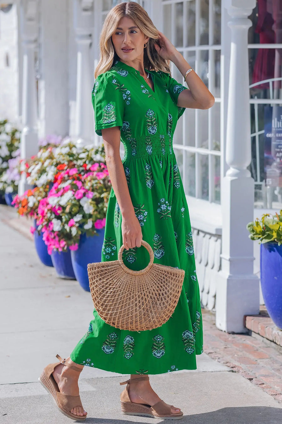 Green Floral Shirred Split Neck Ruffle Hem Maxi Dress Women UK — side detail
