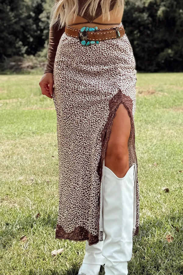 Brown cheetah print maxi skirt — side split detail high waist