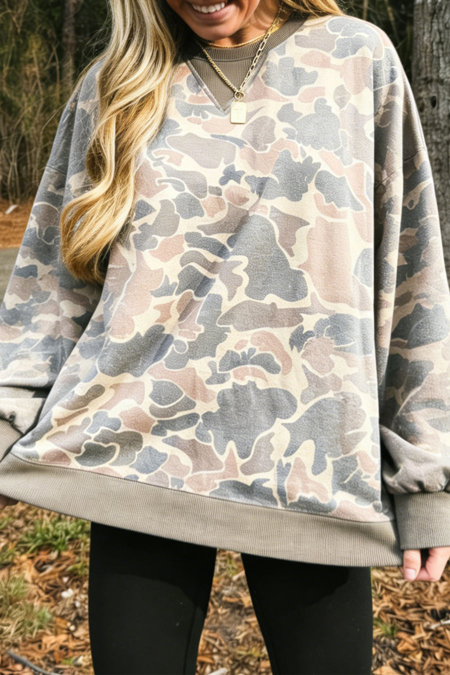 Camo Print Ribbed Trim Pullover Sweatshirt Women UK
