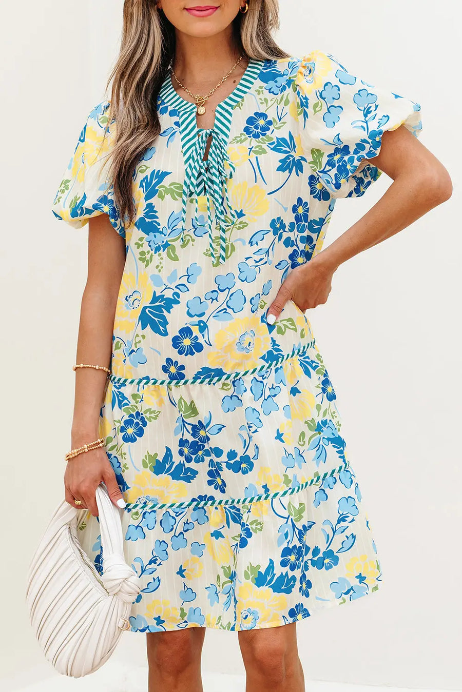 Blue Floral Striped Trim Puff Short Sleeve Dress Women UK