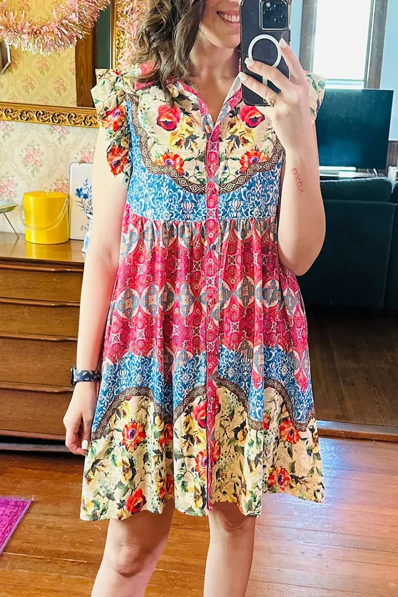 Rose Floral Mixed Pattern Ruffle Flutter Sleeve Dress Women UK