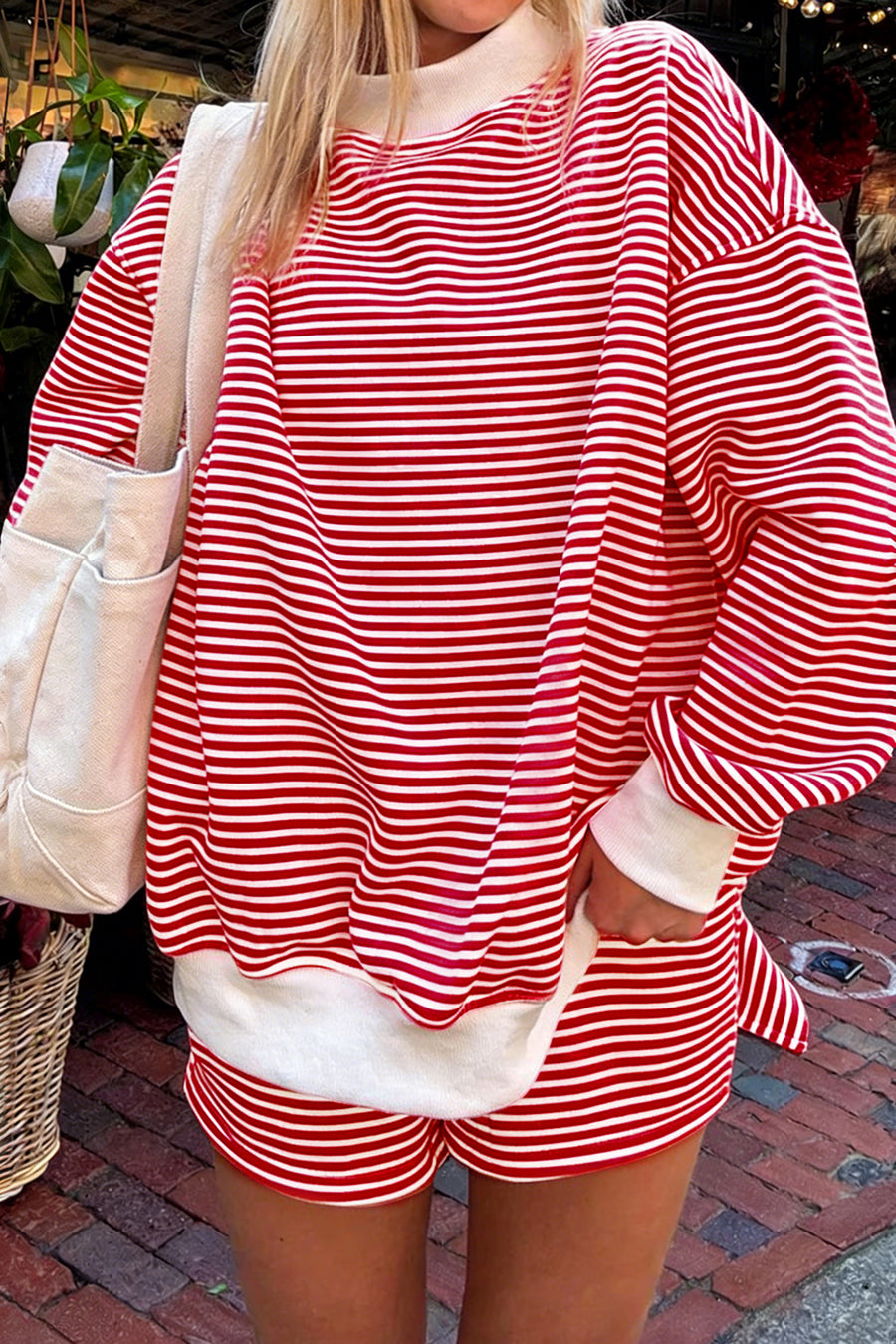 Red and white striped oversized mock neck sweatshirt and shorts set front view — Fashionfitz UK