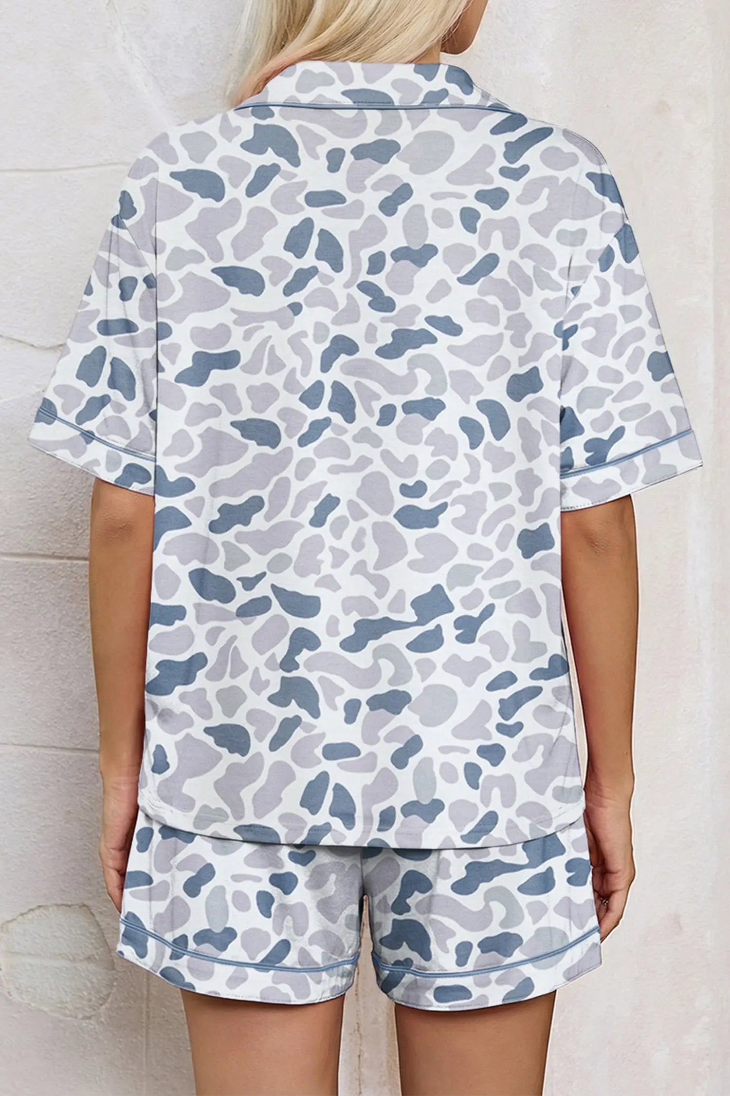 Camouflage print lapel shirt & shorts 2-piece pyjama set beige pajamas