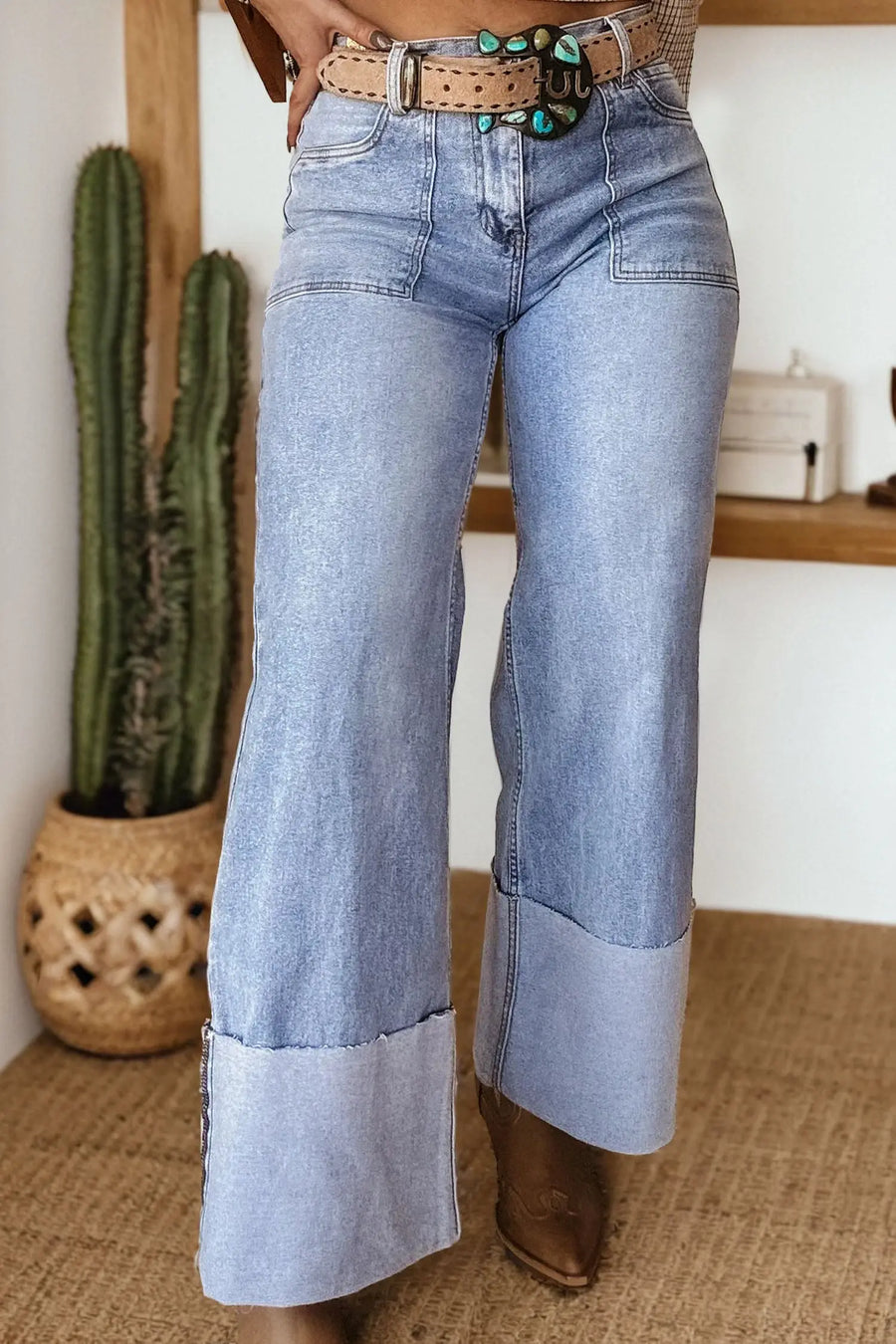 Turn-up cuff wide-leg loose jeans front view — Fashionfitz UK