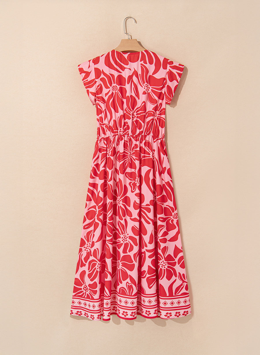 Red Boho Floral V Neck Shirred Waist Long Dress Women UK