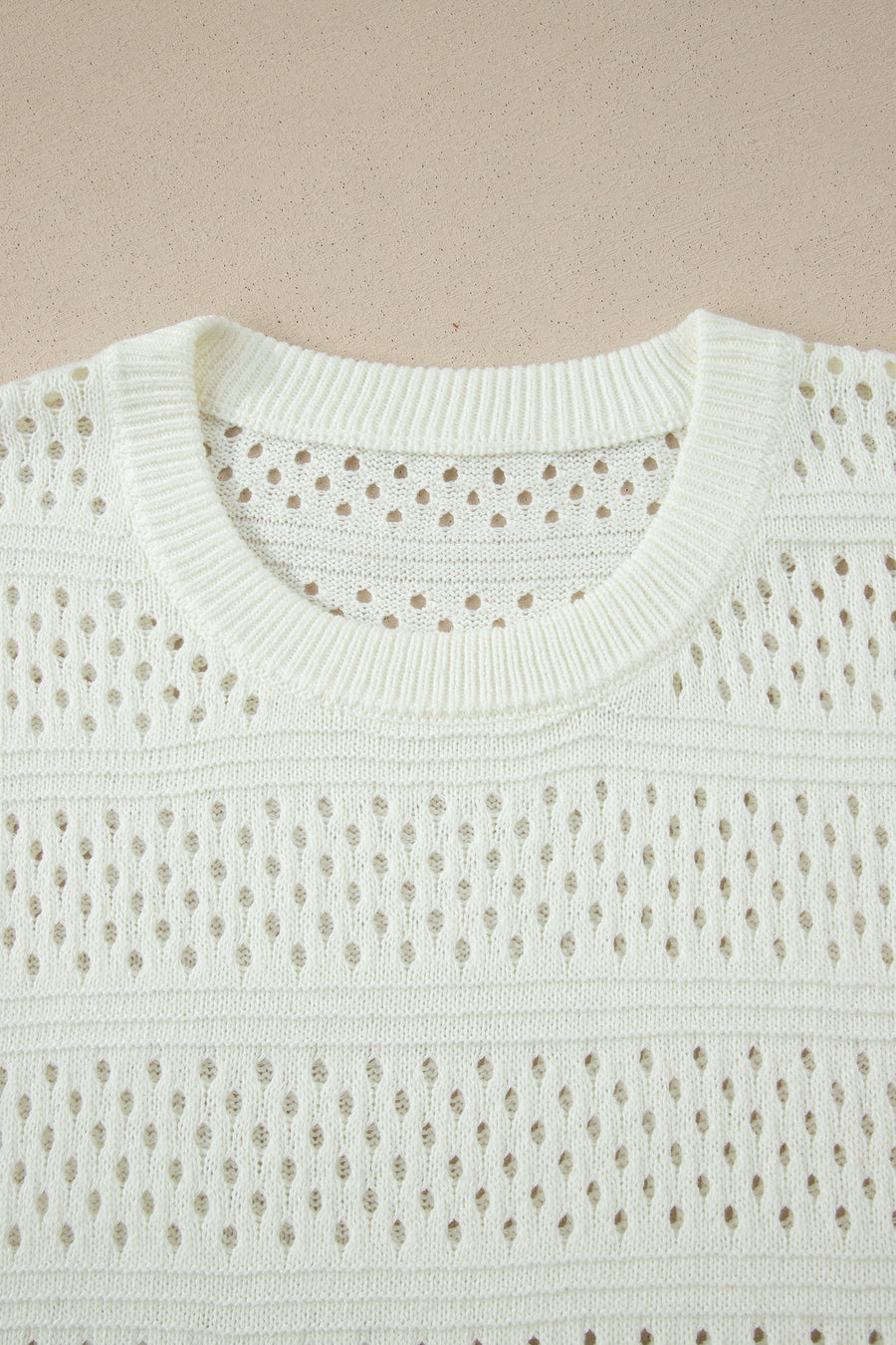 Plus Size Eyelet Hollow Out Knit Short Sleeve Sweater Ribbed Trim White — close-up detail | Fashionfitz UK