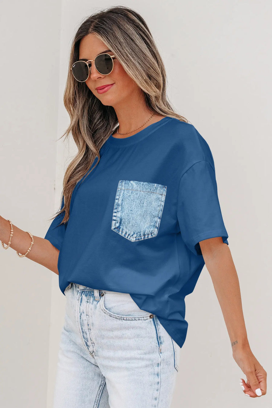 Colour block patch pocket short sleeve top round neck tunic relaxed fit tunics