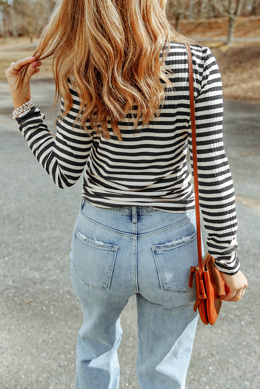 Striped Textured Knit Long Sleeve Tee