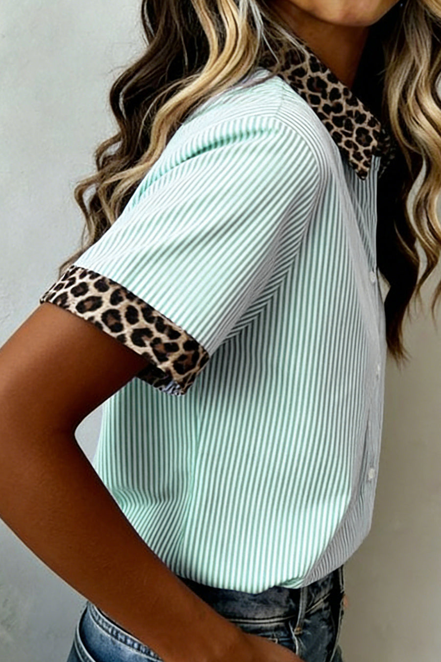 Stripe Leopard Contrast Collar Short Sleeve Shirt Women UK