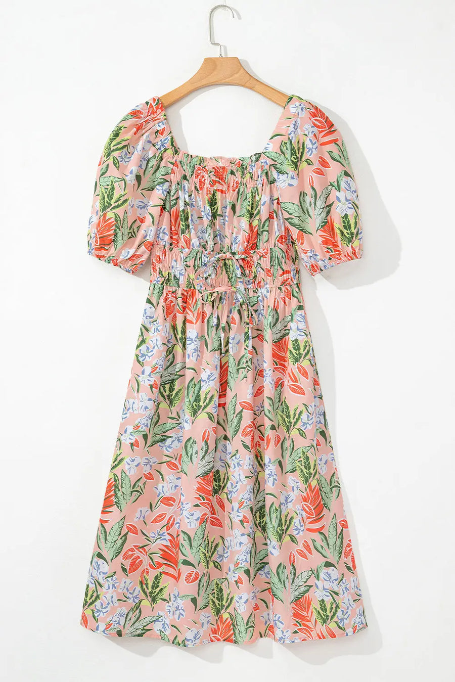 Apricot Pink Floral Smocked Bust Bubble Sleeve Maxi Dress Women UK