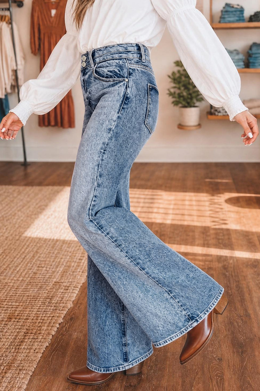 Acid Wash Pocket Detail High Waist Flare Jeans Women UK
