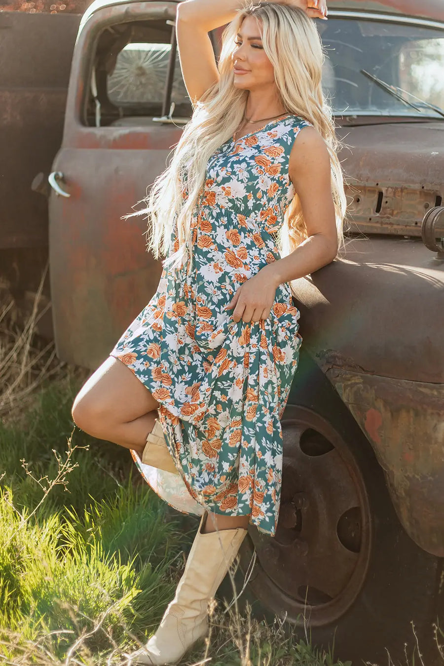 Green Floral Trimmed V Neck Tie Waist Sleeveless Maxi Dress Women UK — full length