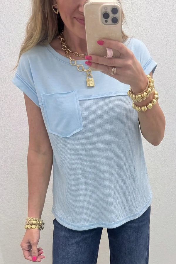 Waffle patchwork raw seam chest pocket sleeveless casual top front view — Fashionfitz UK