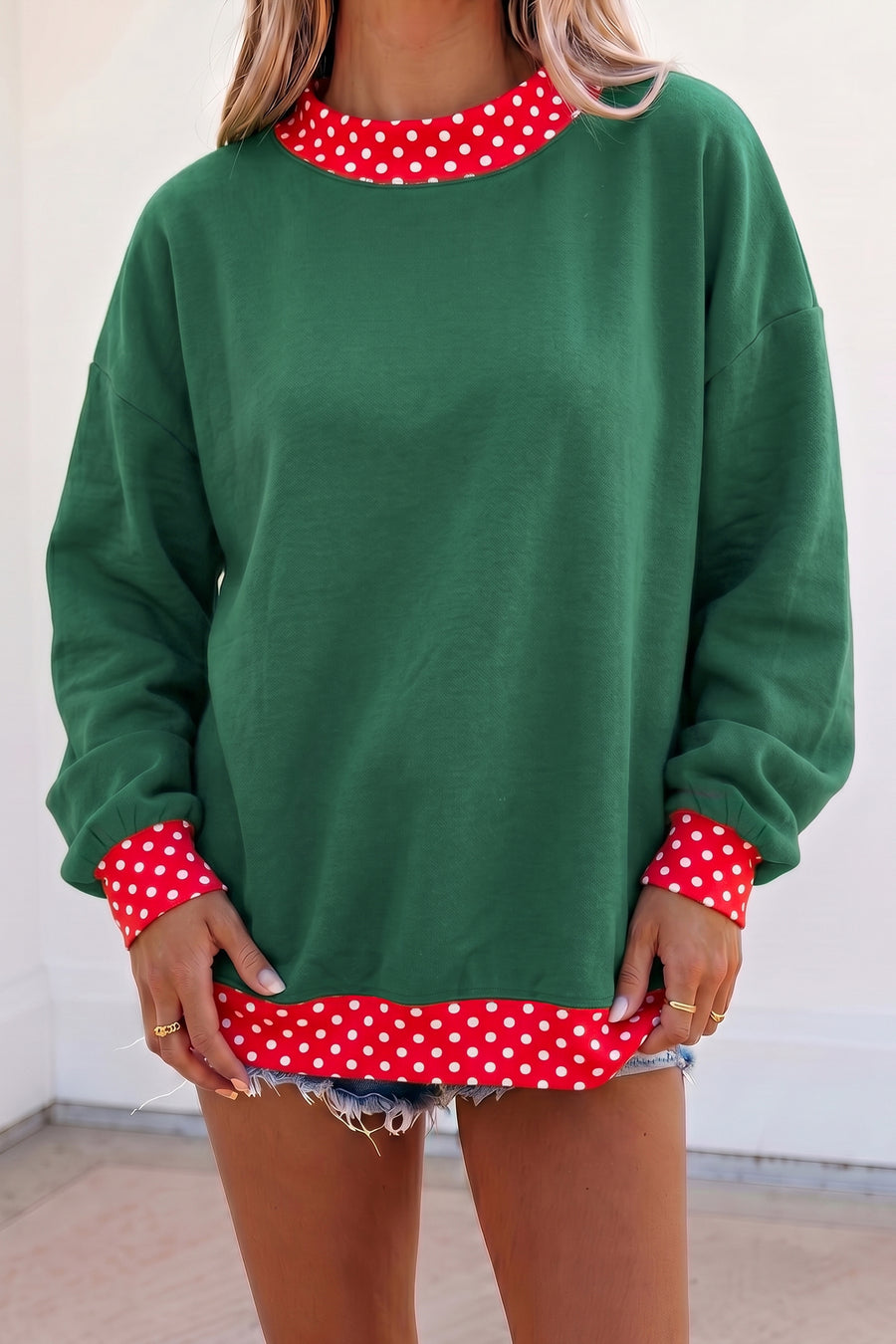 Pink Colorblock Polka Dot Contrast Trim Oversized Sweatshirt Women UK