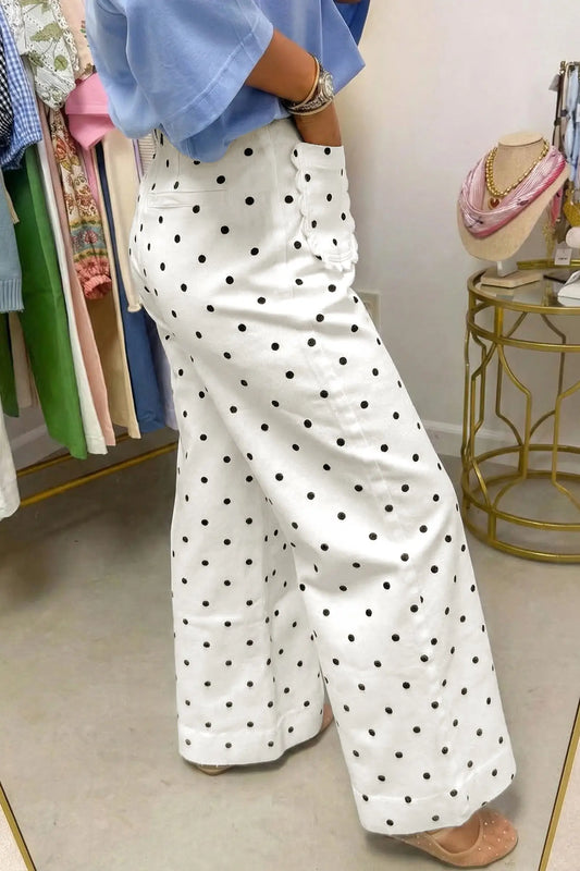 Women's polka dot shift pants back view scalloped hem cotton