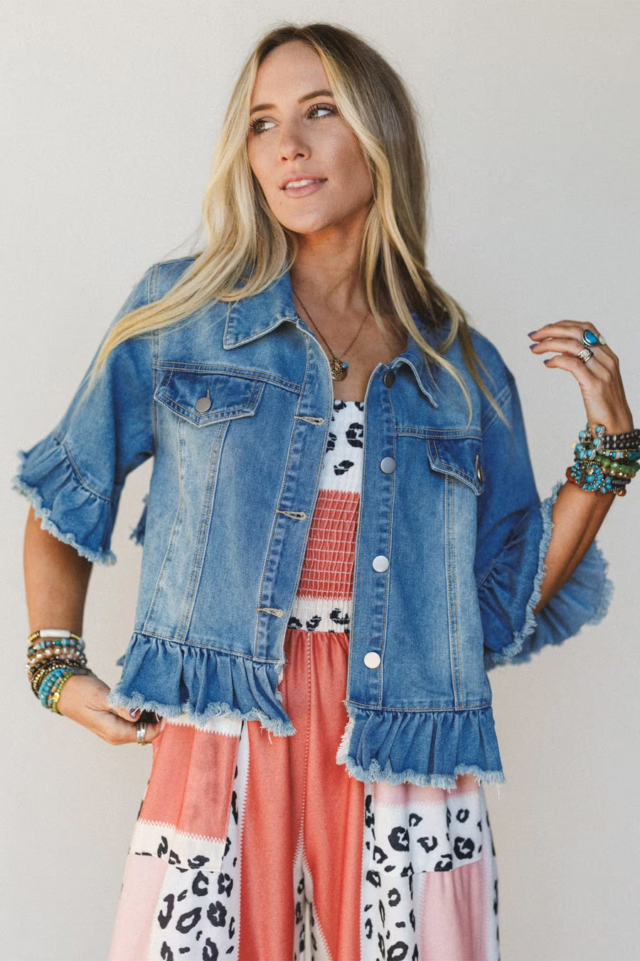 Ruffle Hem Raw Edge Half Sleeve Denim Jacket Women UK