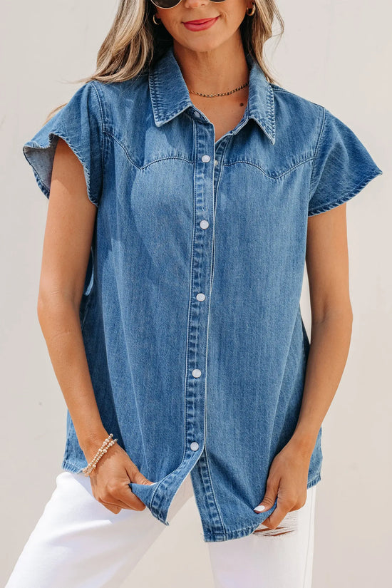 Dusk blue ruffled short sleeve denim shirt button down collar stitched yoke shirts