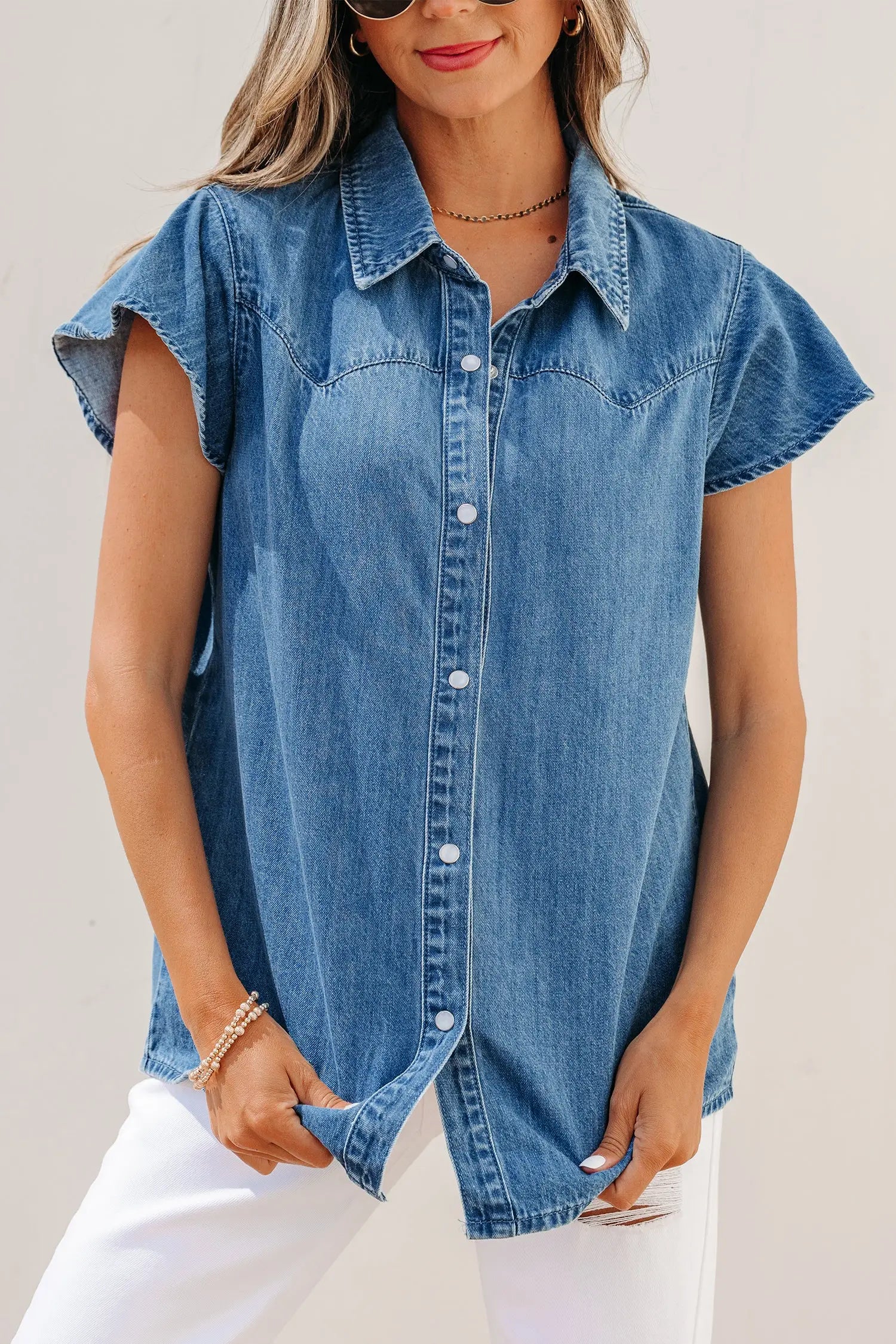 Dusk blue ruffled short sleeve denim shirt button down collar stitched yoke shirts