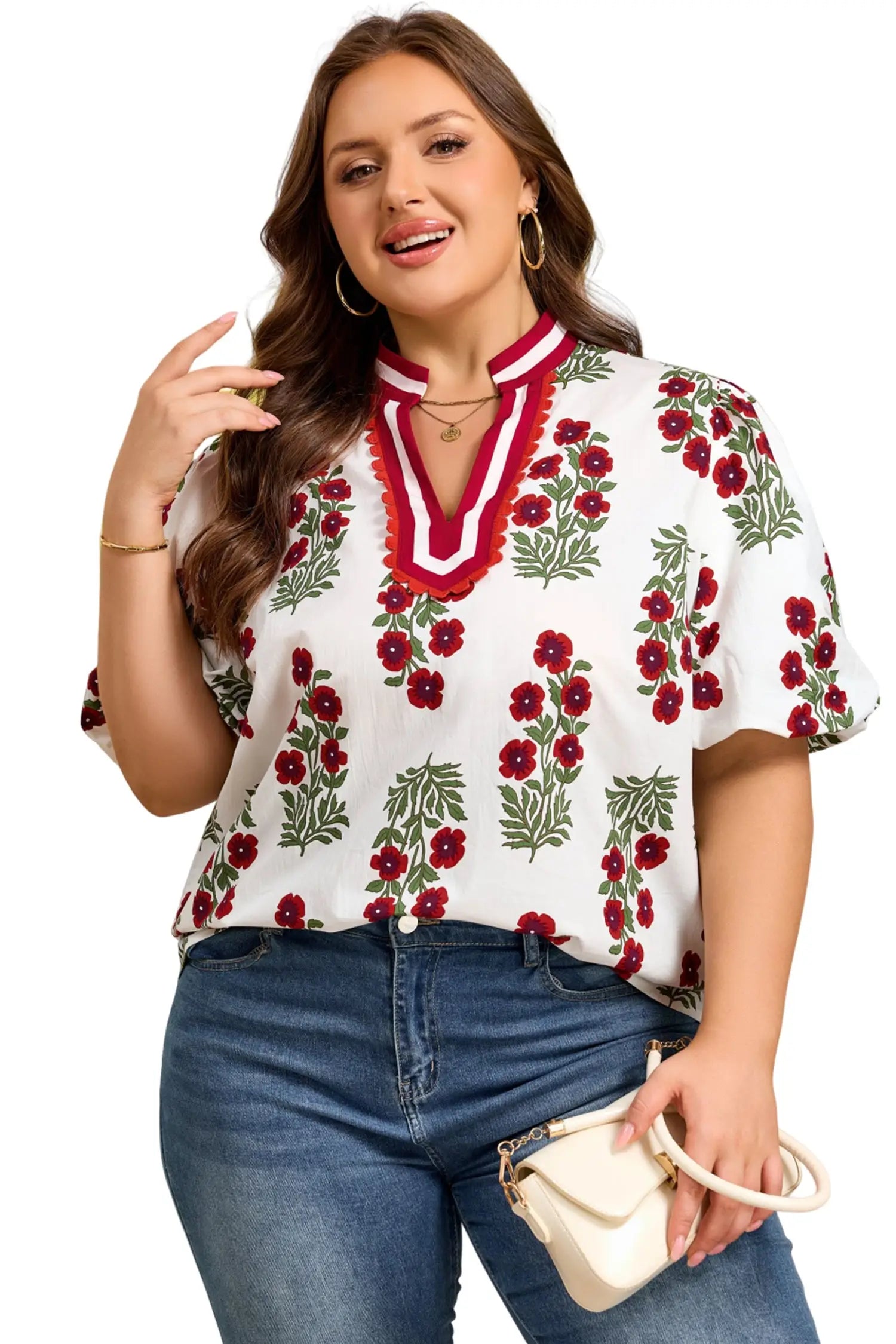 Plus size floral ricrac trim cotton blouse puff sleeve v neck colourblock blouses