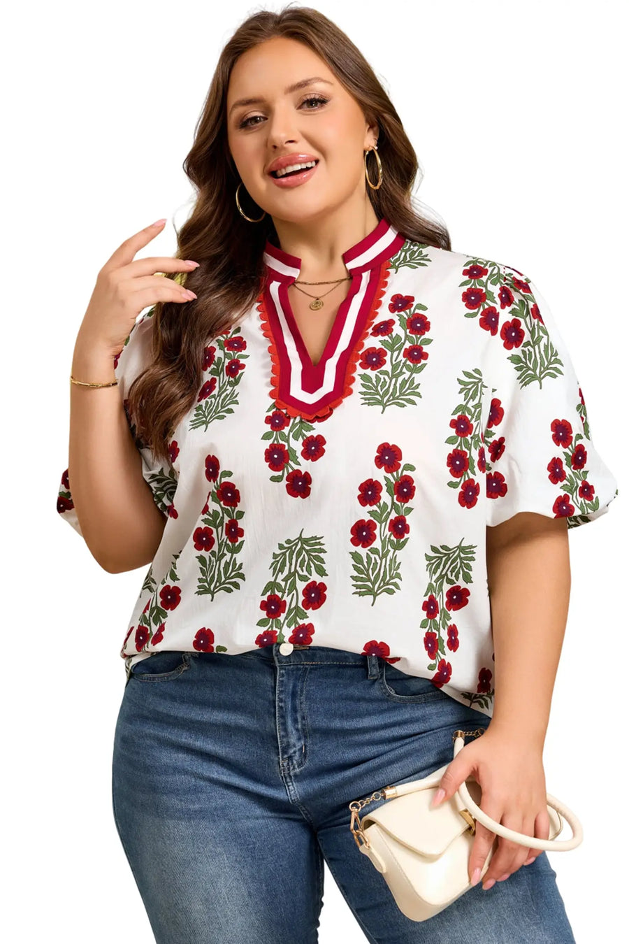 Plus size floral ricrac trim cotton blouse puff sleeve v neck colourblock blouses