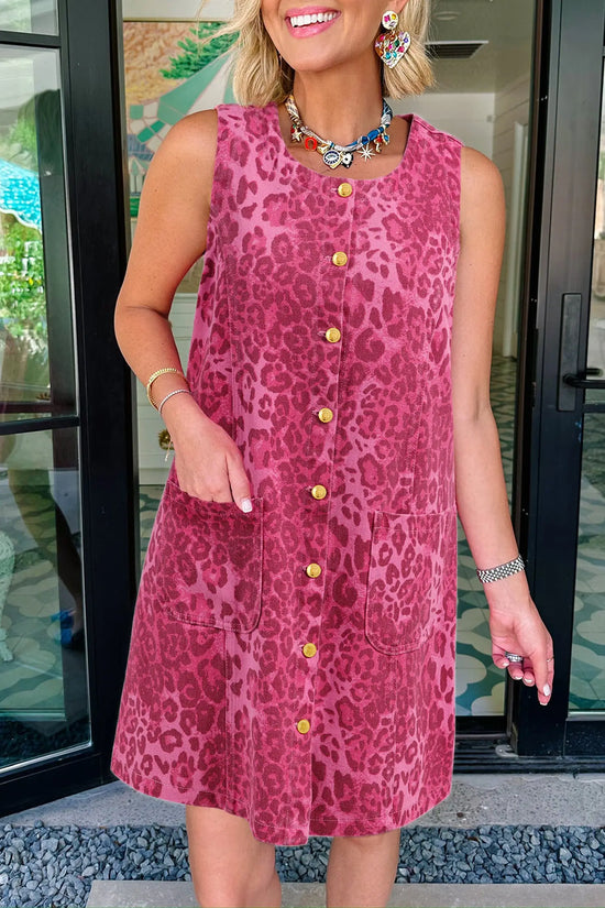 Leopard print denim shift dress button front sleeveless mini pockets dresses