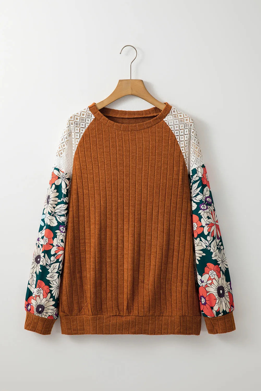 Floral Sleeve Ribbed Blouse - Fashionfitz