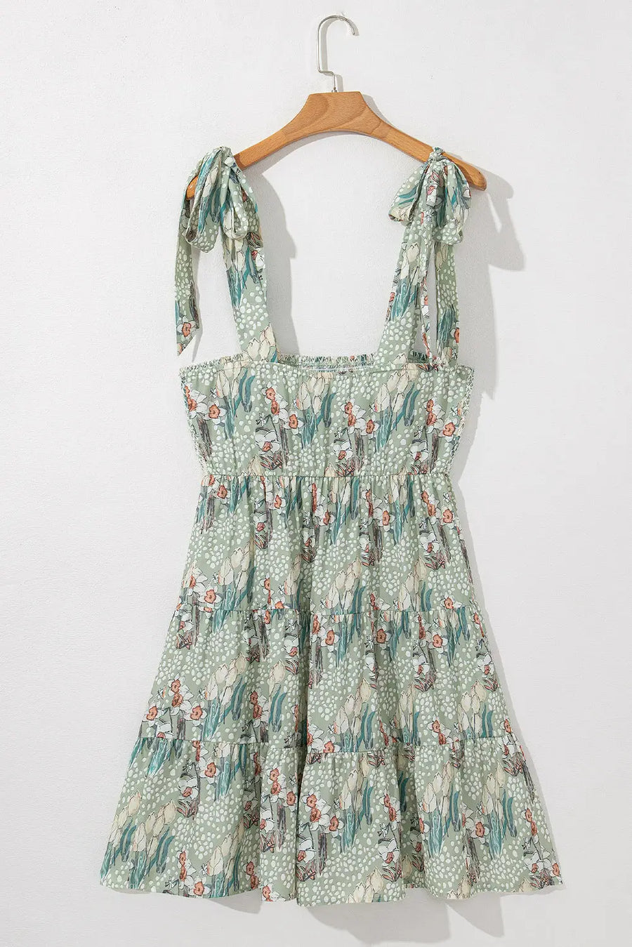 Grey Floral Knotted Strap Smocked Tiered Ruffle Mini Dress Women UK