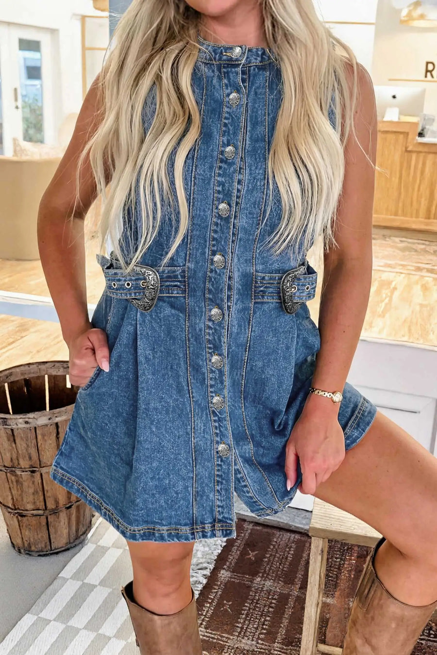 Western Belt Sleeveless Denim Mini Dress Women UK, Myosotis / XL / 74.7%Cotton+16.5%Polyester+8.8%Regenrated Fibre
