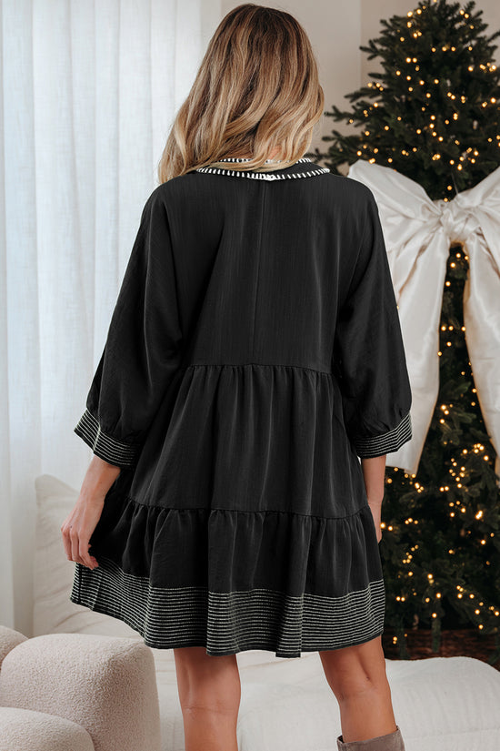 Stitch Detail Tiered V Neck Dress