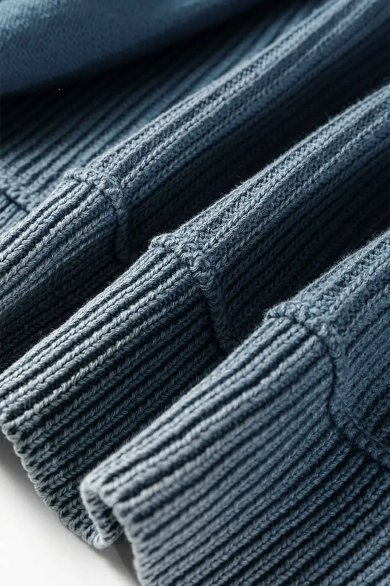 Blue ribbed sleeve detail on Women's Stonewash Patchwork Knit Open Cardigan, highlighting structured knit and patchwork seams.