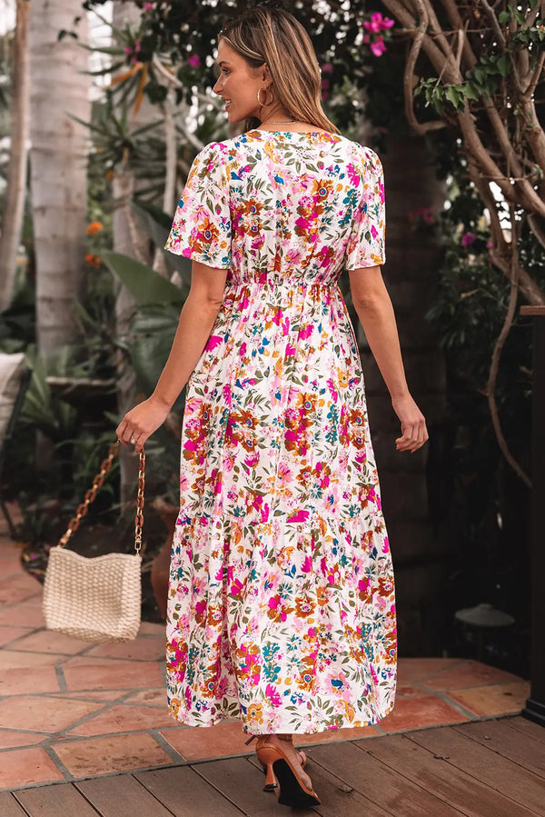 Red Floral Short Sleeve V Neck High Waist Maxi Dress Women UK