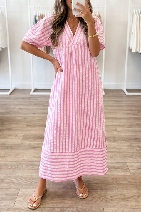Stripe V Neck Short Sleeve Shift Maxi Dress Women UK