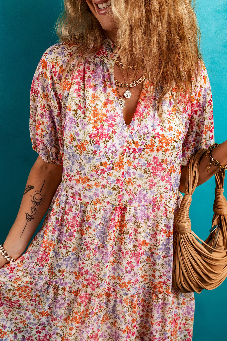 Red Floral Puff Sleeve Notched V Neck Tiered Mini Dress Women UK
