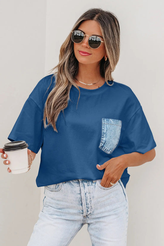 Colour block patch pocket short sleeve top round neck tunic relaxed fit tunics