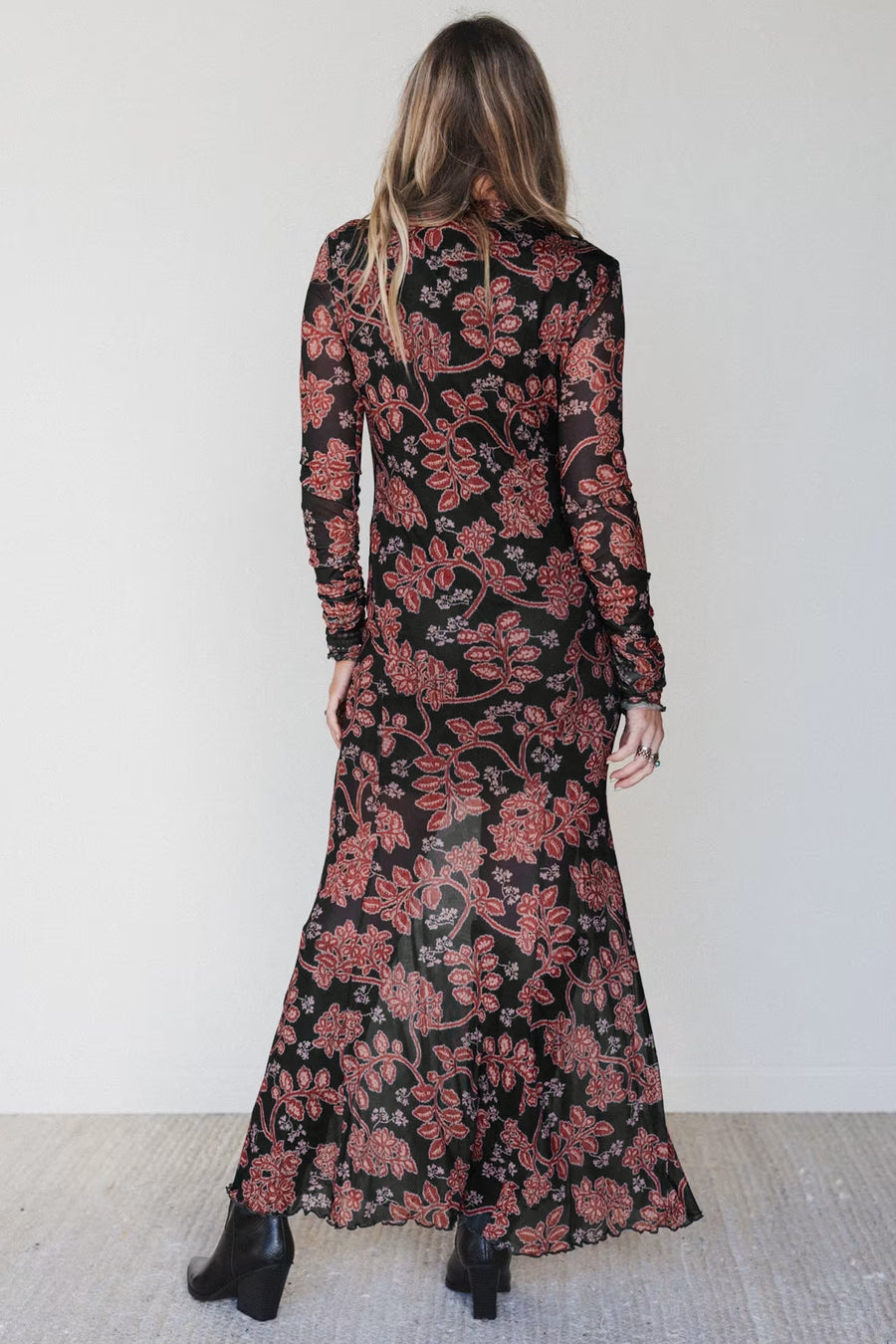 Retro Floral Print Long Sleeve Mesh Maxi Dress Women UK