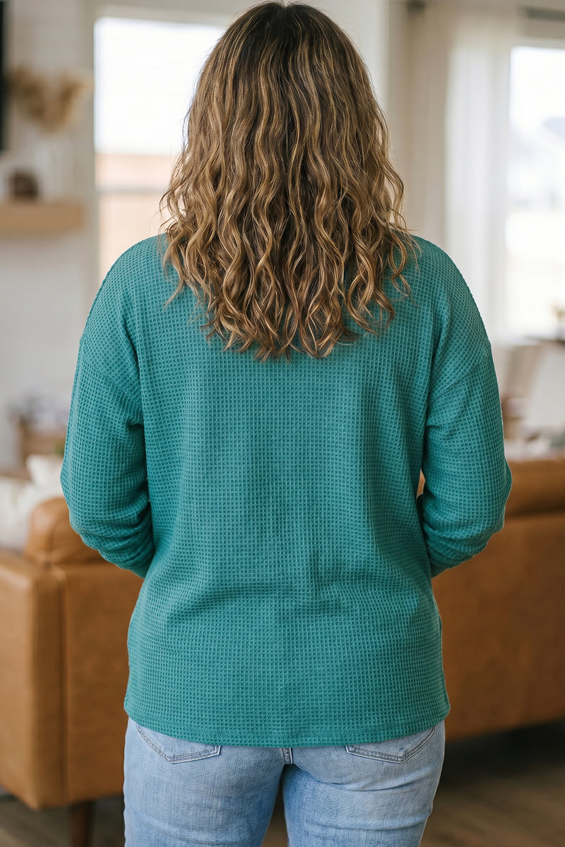 Lapis blue waffle cardigan plus size - back view full length