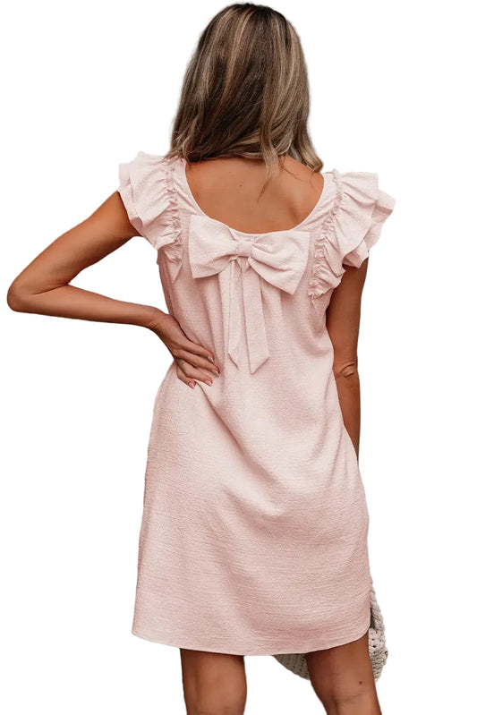 Light pink textured flutter sleeve square neck bow back mini dress