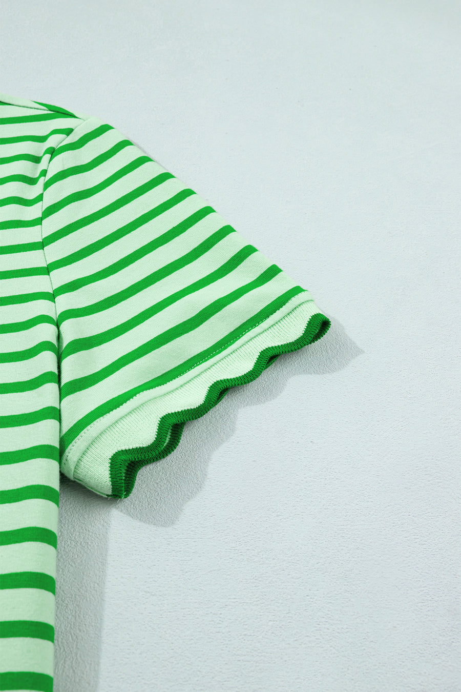 Scalloped Trim Stripe Cotton T-Shirt Round Neck Short Sleeve