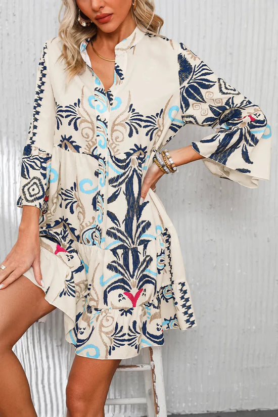 Tribal Print Bracelet Sleeve Buttoned Mini Dress - Fashionfitz