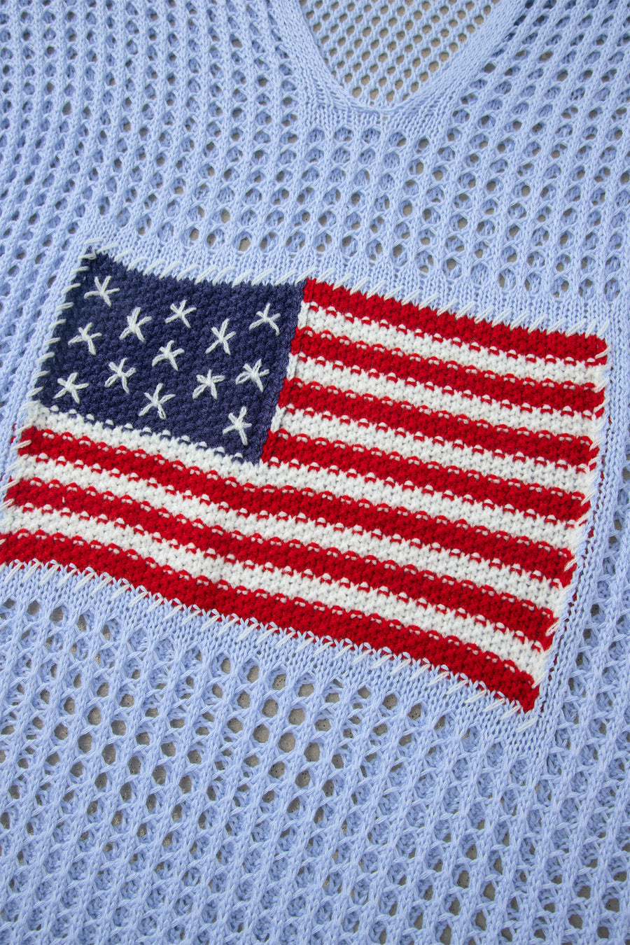 Hollow Out Crochet Knit American Flag Patch Drawstring Hoodie