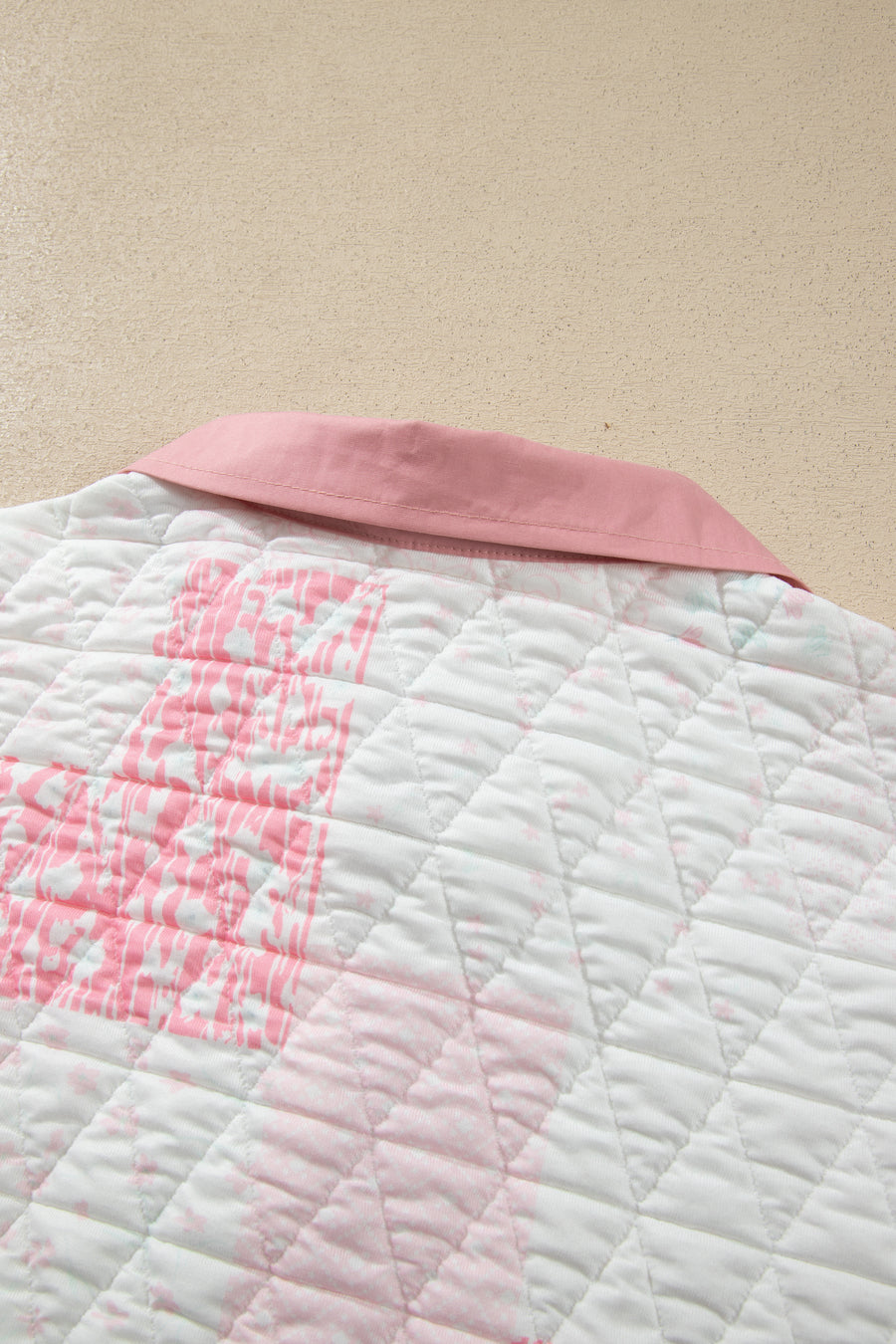 Pink Floral Quilted Half Button Pocketed Pullover Sweatshirt