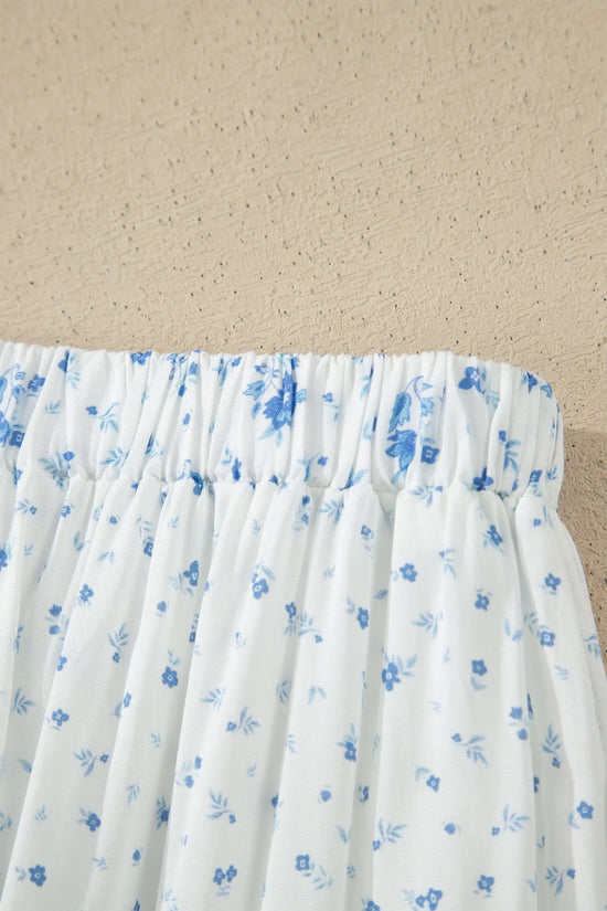 Sky blue tiered floral patchwork boho maxi skirt elastic waist ruffle hem skirts