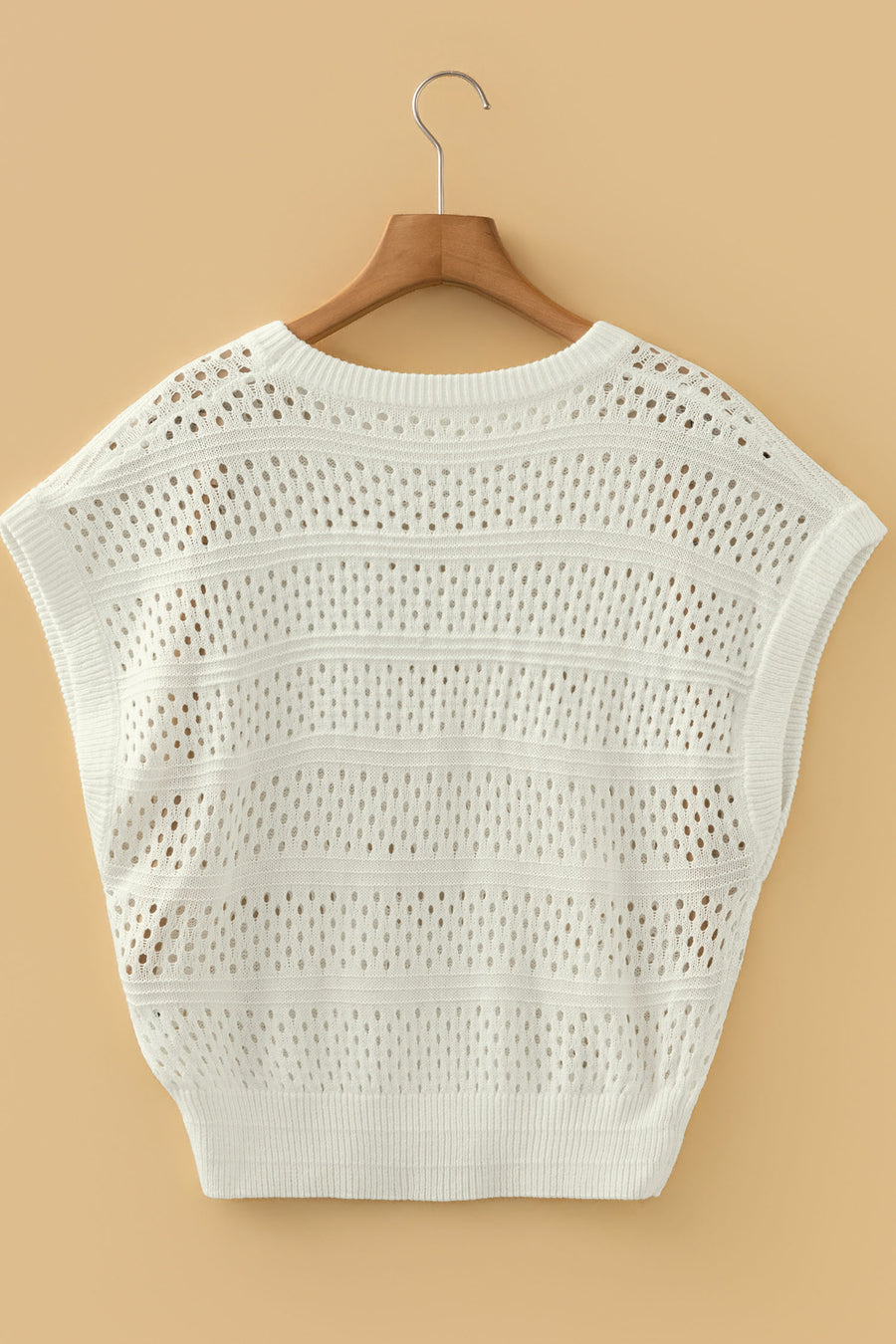 Plus Size Eyelet Hollow Out Knit Short Sleeve Sweater Ribbed Trim White