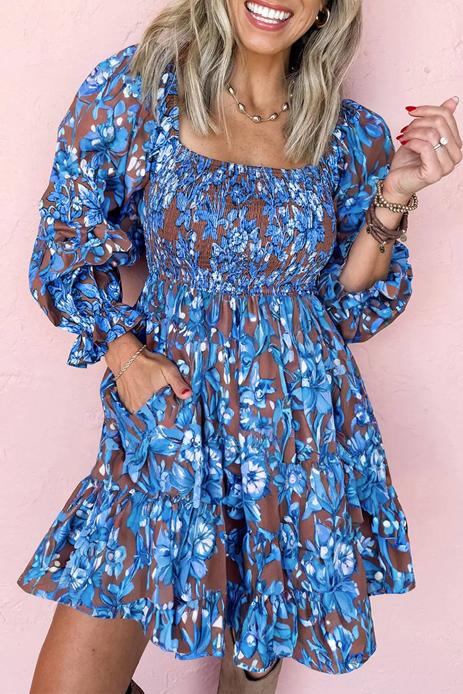Blue Smocked Bodice High Waist Floral Ruffled Sleeve Maxi Dress Women UK