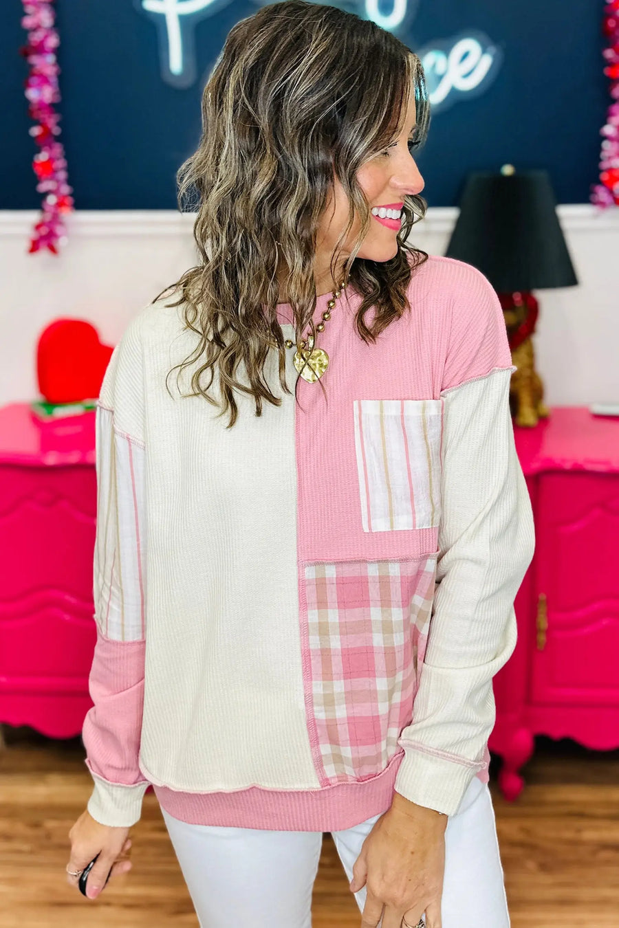 Pink Colourblock Plaid Panel Long Sleeve Plus Size Blouse — styled outfit look | Fashionfitz UK